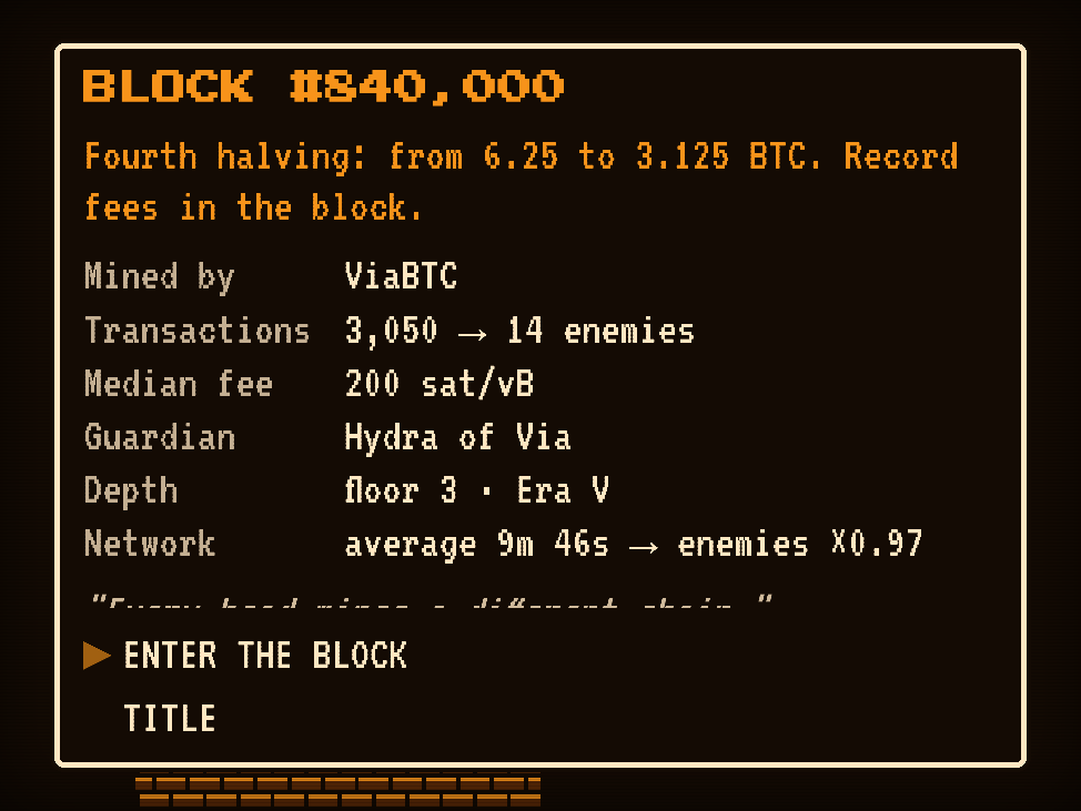 La scheda del blocco 840.000 prima di entrare nel dungeon