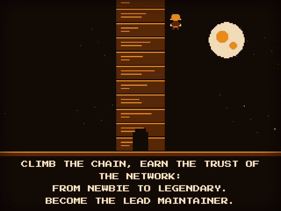 Scena del video introduttivo: il dev scala la torre della timechain